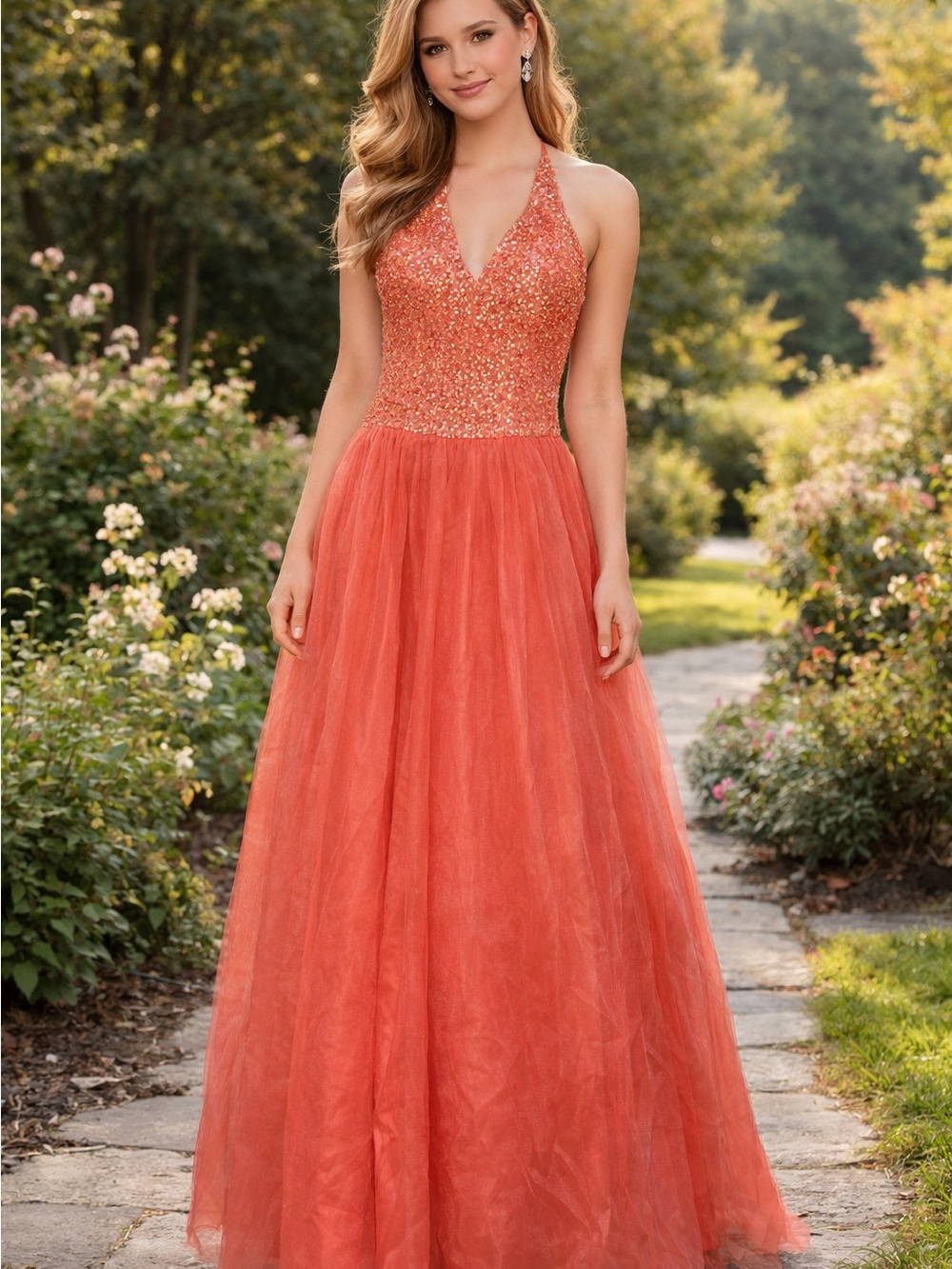 Halter Coral Sequin Tulle Prom Dress